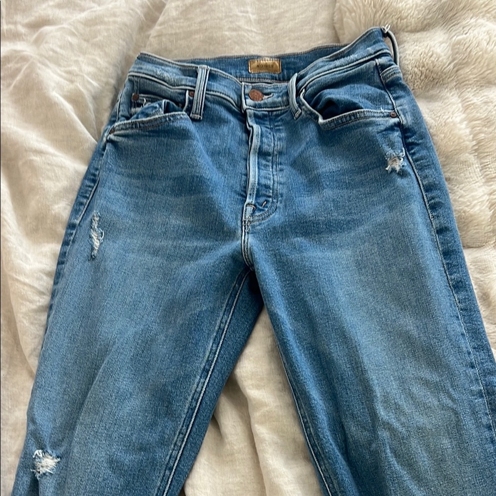 MOTHER Blue Straight Leg Jeans with Distressed Details